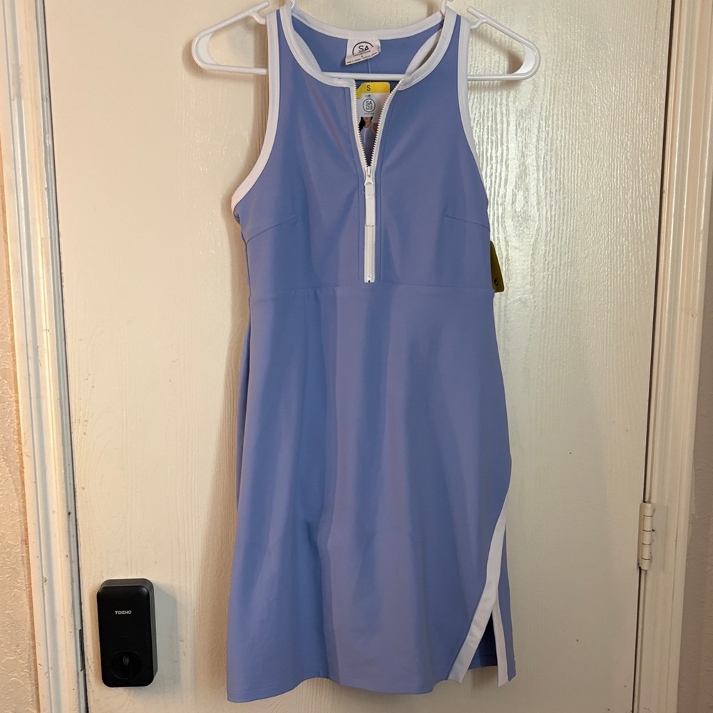 Sleeveless Blue Dress with White Trim